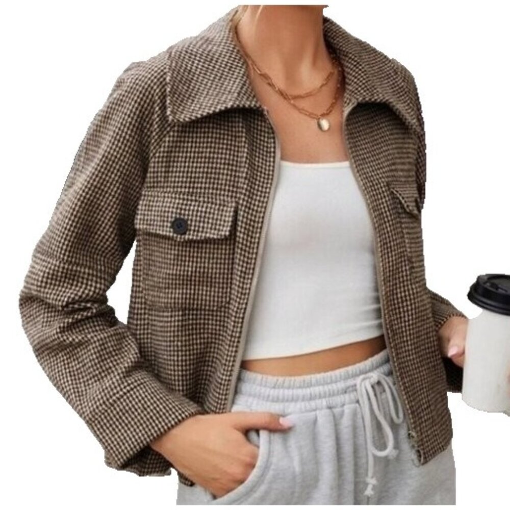 Herringbone Zip-Up Short Jacket Flap Front Pockets Raglan Sleeves  Small